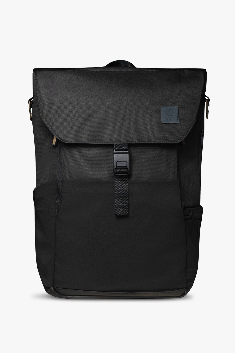 Front view of black backpack against a white background.