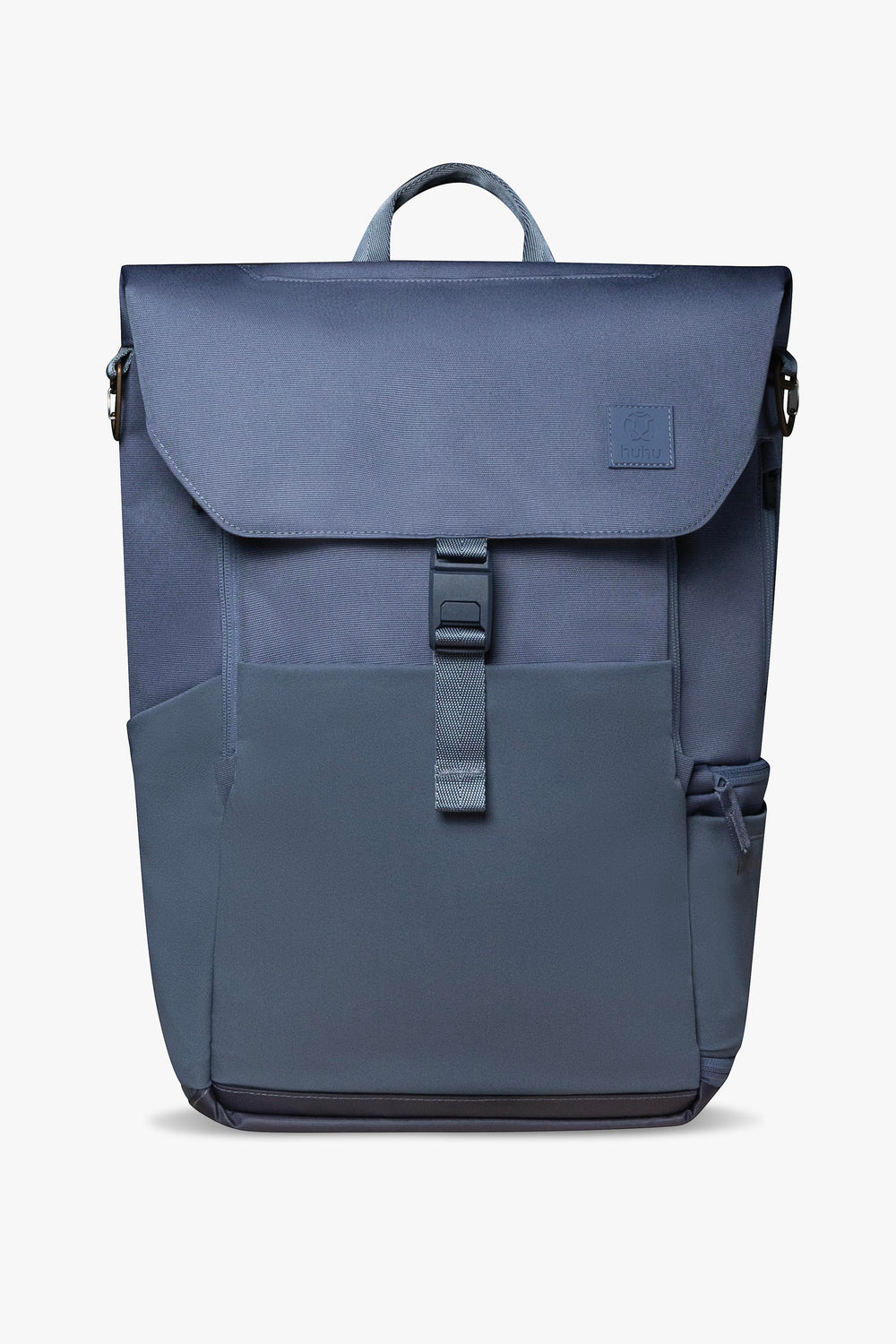 Front view of blue backpack against a white background.