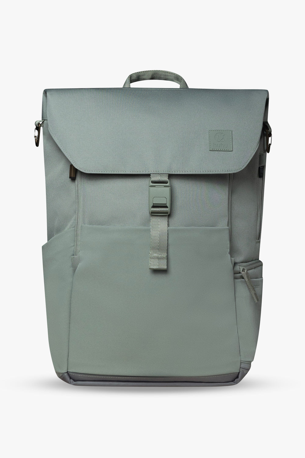 Front view of green backpack against a white background.