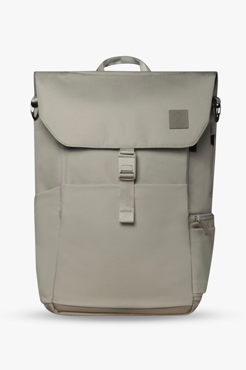 Front view of taupe backpack against a white background.