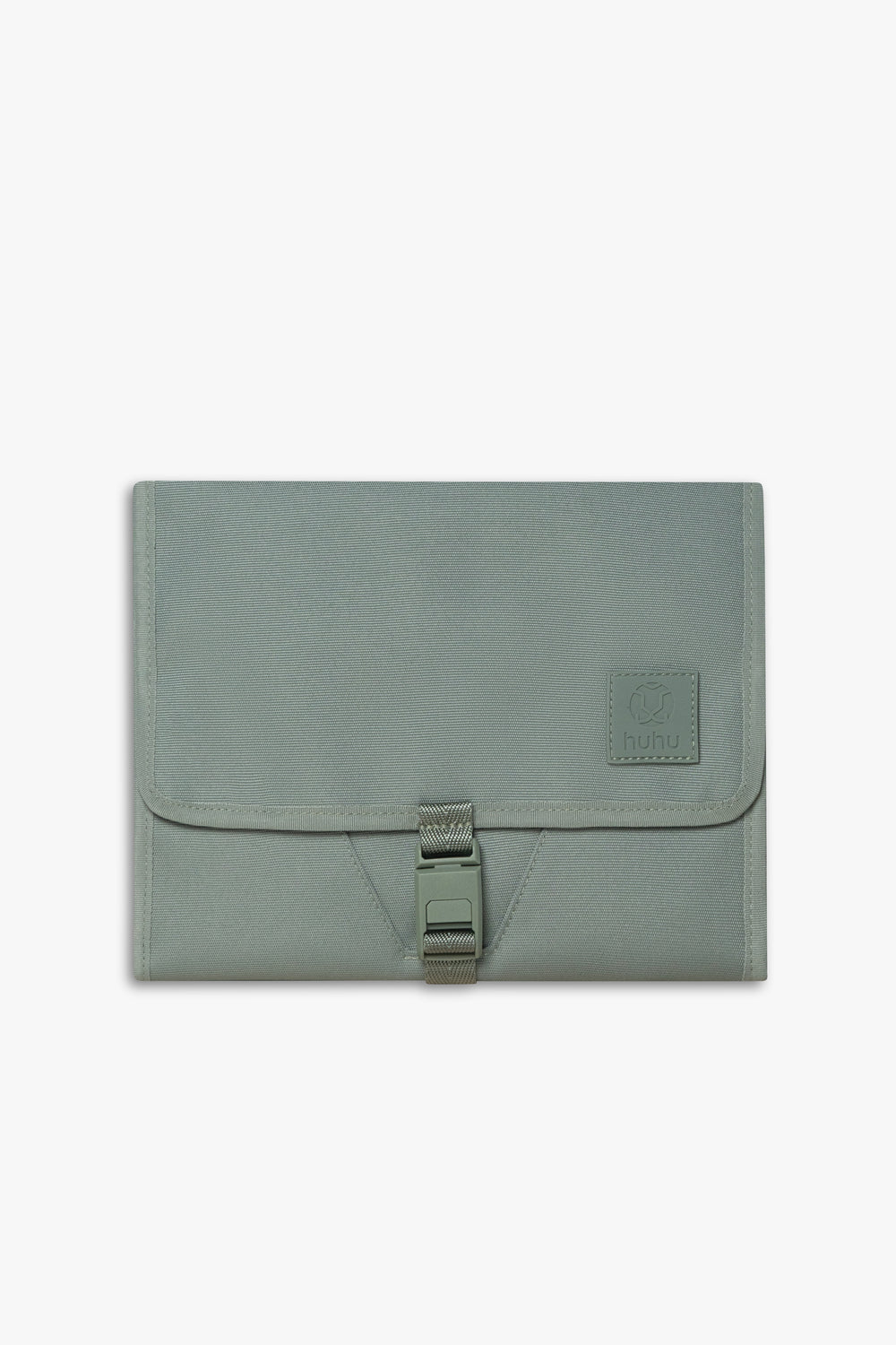 Front view of closed green changing wallet against white background.