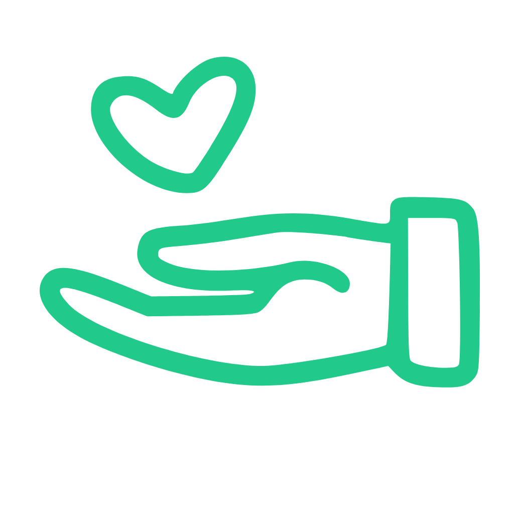 Teal outline drawing of hand with heart above it.