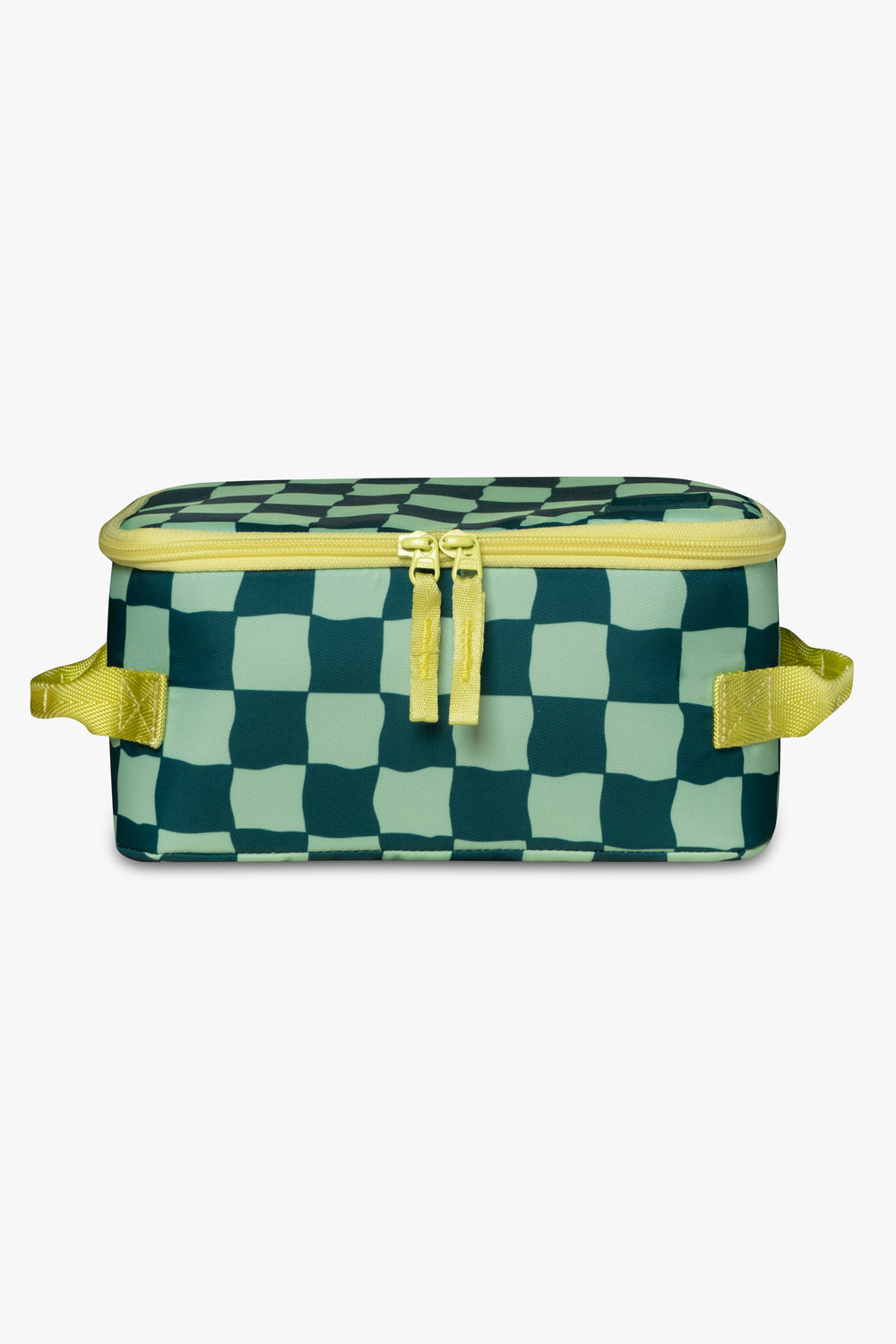 Front view of green checkered insulated cooler bag with yellow zipper against a white background.