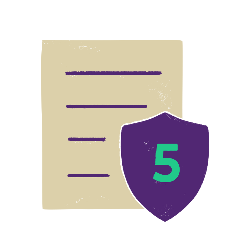 Tan and purple icon of document. Purple shield with teal number ‘5’ on it to represent 5 year warranty.