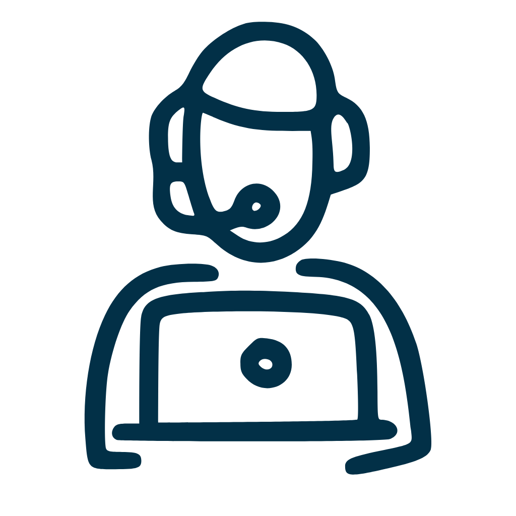 Blue line drawing of person with headset and computer to symbolize customer support.