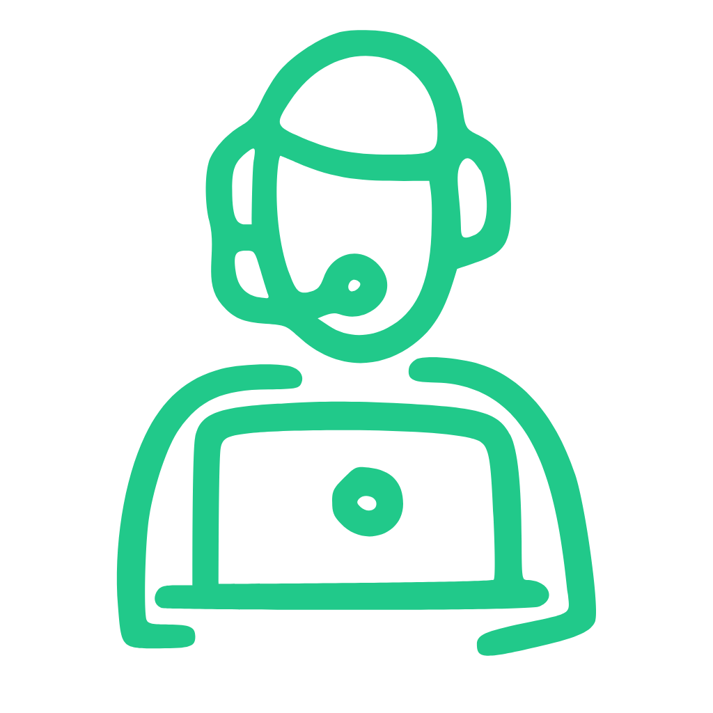 Teal outline drawing of customer service representative.