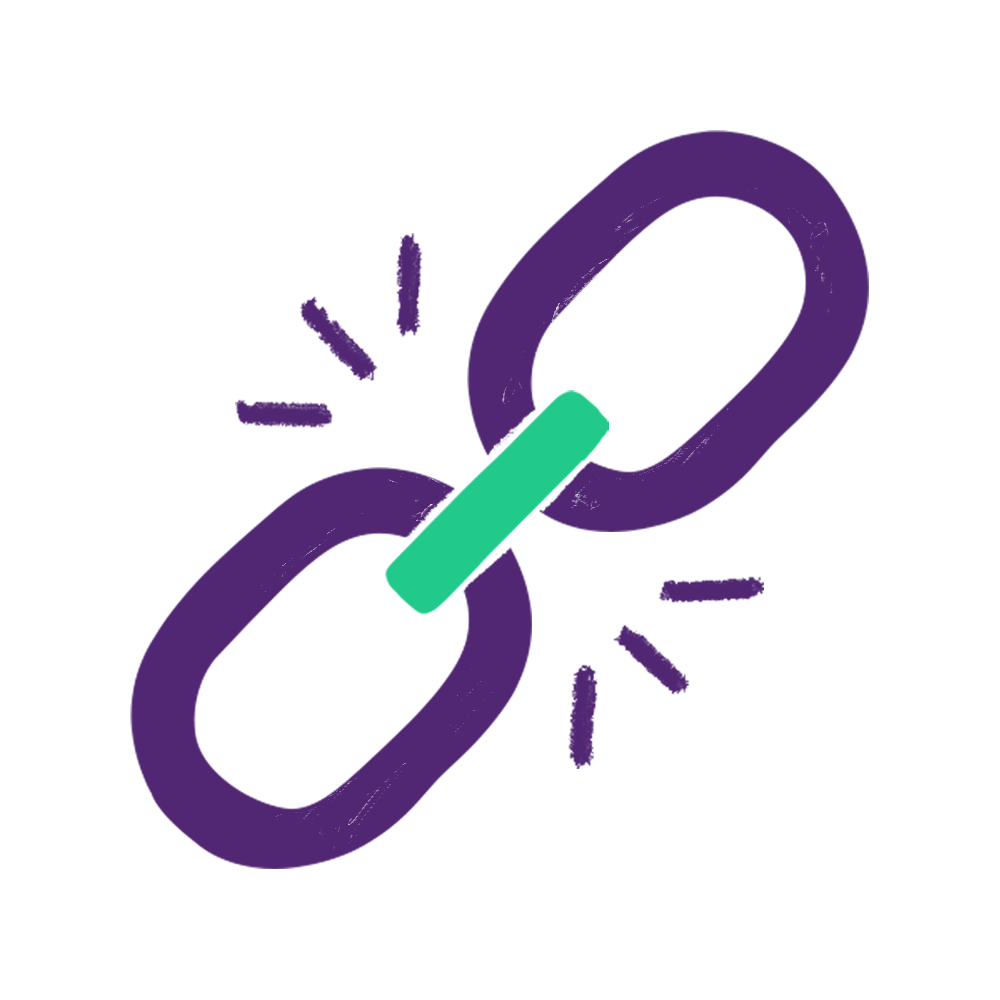 Purple and teal icon of a chain link to represent durability.