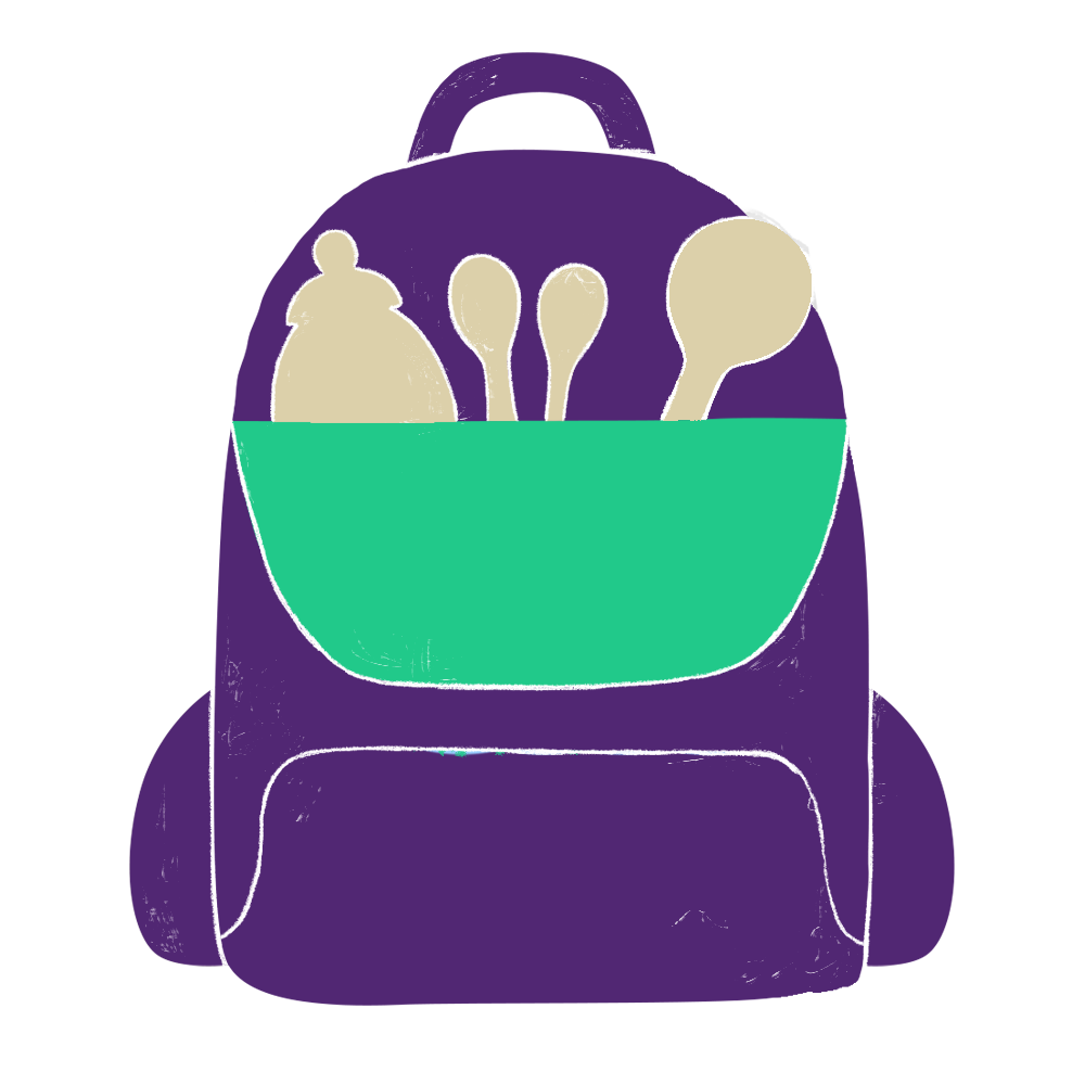 Purple and teal icon representing an unzipped backpack with tan colored bottle and baby toys sticking out.