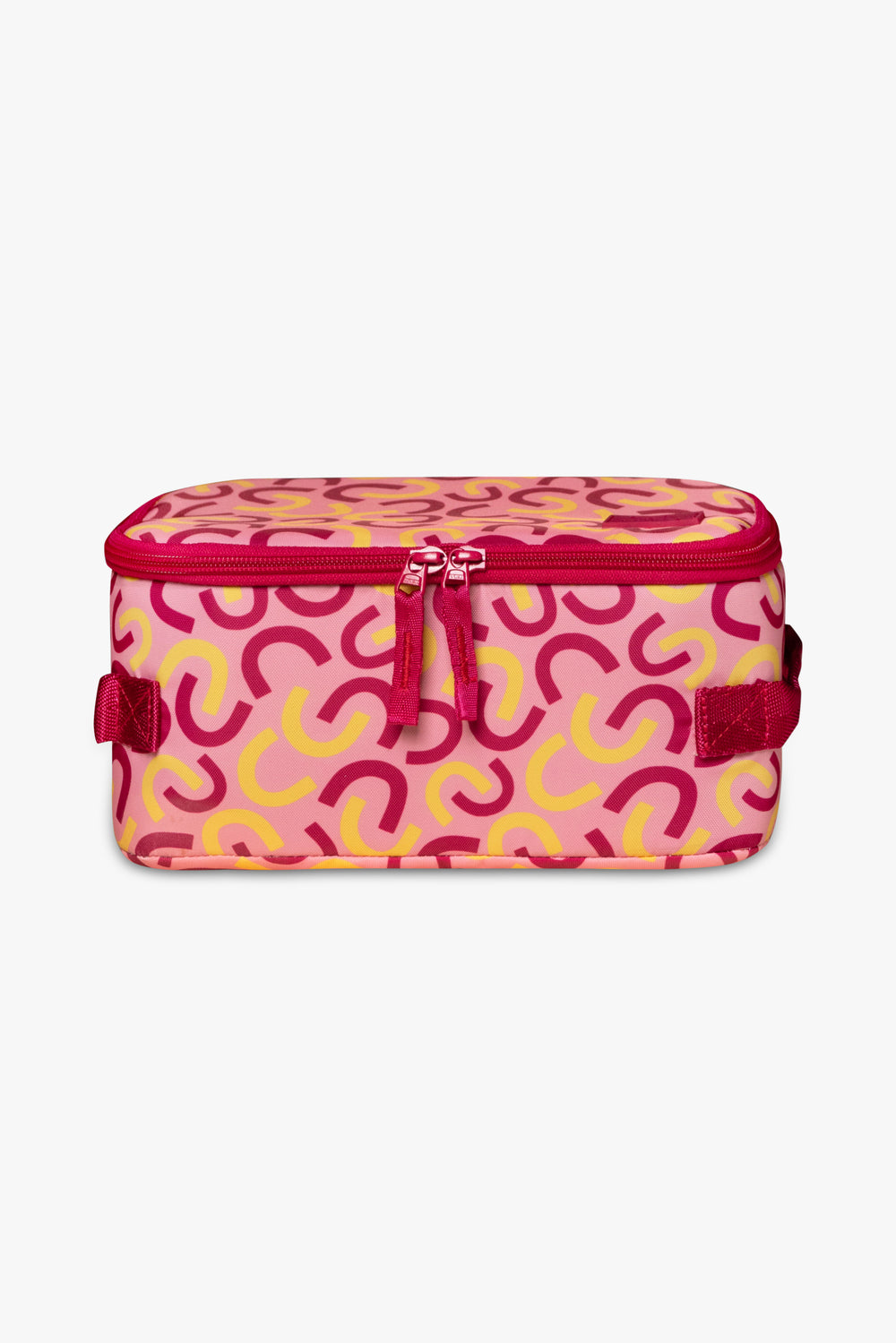 Front view of pink and yellow macaroni patterned insulated cooler bag with pink zipper against a white background.